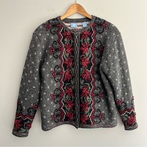 Frost Norwegian Style Gray and Red Wool Women's Zipper Cardigan Medium